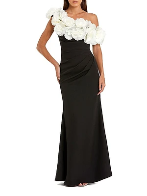 Evening Floral Jersey Off-The-Shoulder Gown