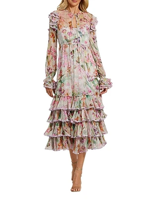 Floral Chiffon Tieneck Tiered Midi-Dress