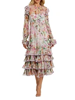Floral Chiffon Tieneck Tiered Midi-Dress