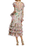 Floral Chiffon Tieneck Tiered Midi-Dress