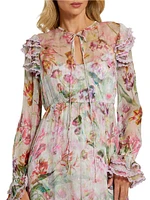 Floral Chiffon Tieneck Tiered Midi-Dress