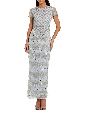 Evening Beaded Cap-Sleeve Gown