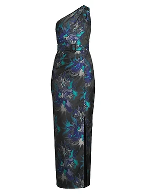 Floral Jacquard Belted One-Shoulder Gown