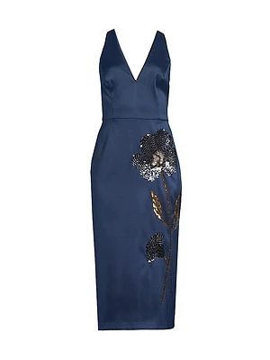 Floral Embellished Sheath Cocktail Dress