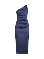 Satin Gathered One-Shoulder Sheath Cocktail Dress