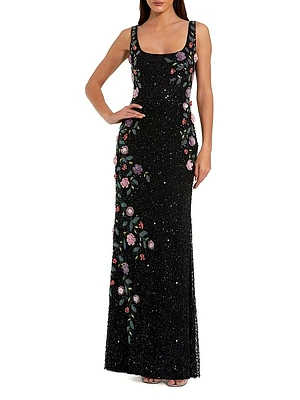 Evening Embellished Floral Scoopneck Gown