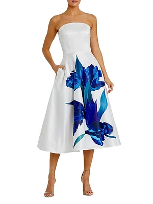Cocktail Floral Satin Strapless Midi-Dress