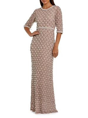 Evening Pearl Embellished Mesh Gown
