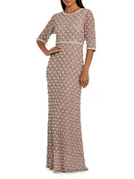 Evening Pearl Embellished Mesh Gown