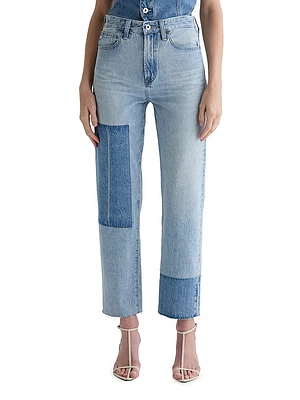 Brinley Patchwork High-Rise Straight-Leg Crop Jeans