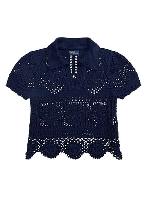 Pointelle Cotton Short-Sleeve Polo Top