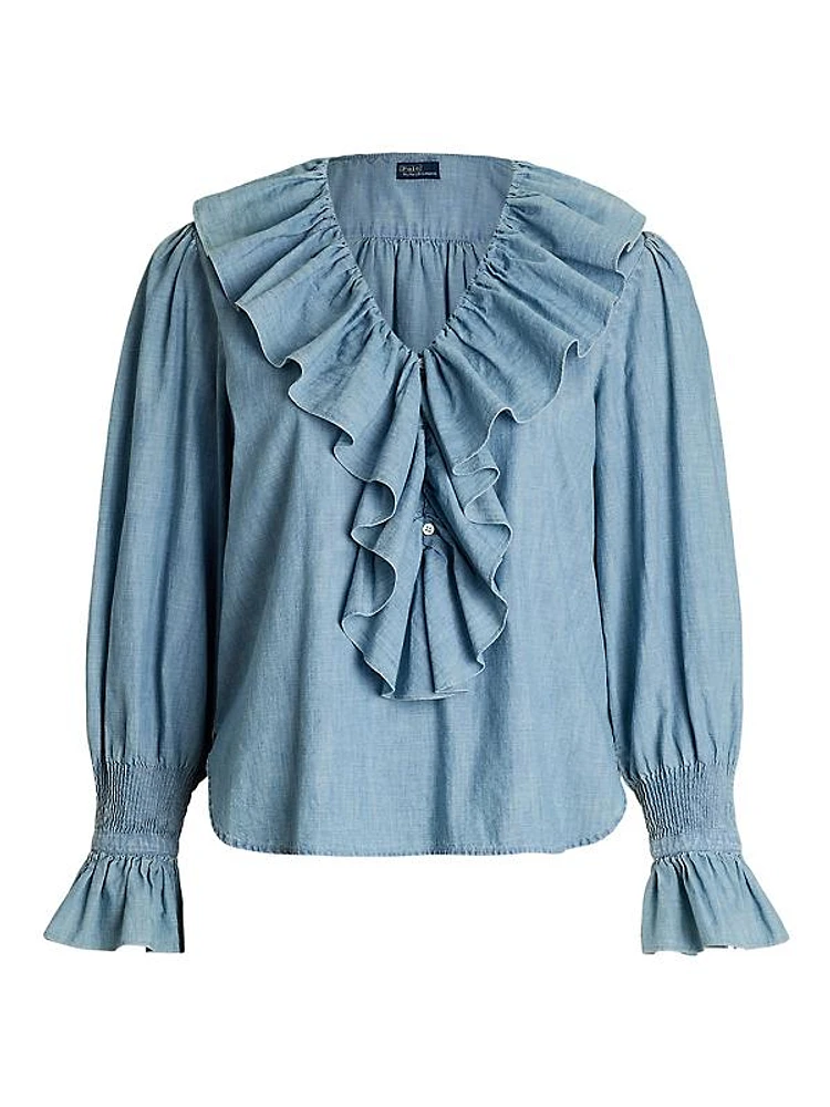 Ruffle-Trimmed Cotton Chambray Blouse