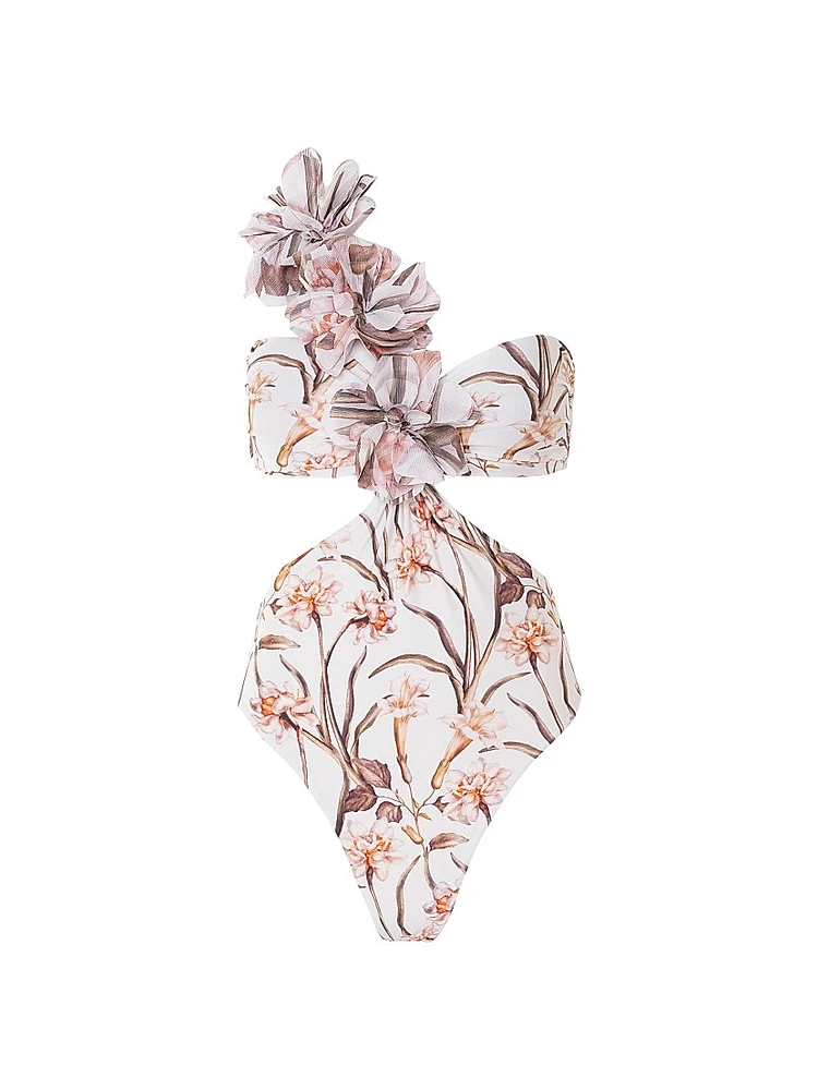 Botanic Retro Flower Appliqué One-Piece Swimsuit