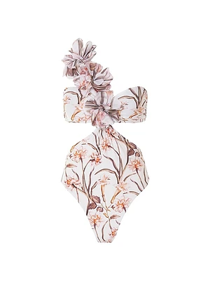 Botanic Retro Flower Appliqué One-Piece Swimsuit