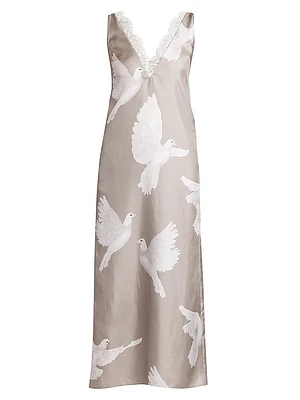 Birds Silk Midi Slipdress