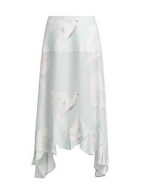 Birds Silk Asymmetric Maxi Skirt