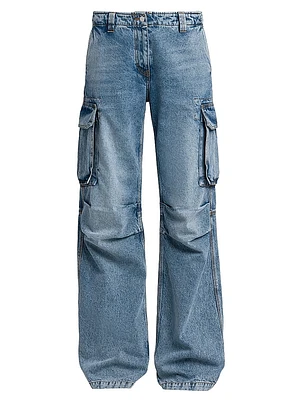 Vintage Wash Mid-Rise Cargo Flared Jeans