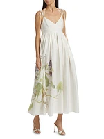 Floral Linen Strappy Midi-Dress