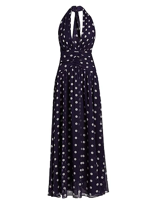 Arella Polka Dot Silk Halterneck Maxi Dress