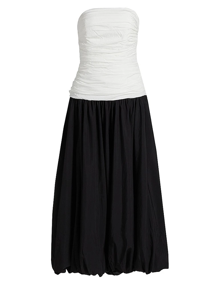 Despina Ruched Colorblocked Strapless Midi-Dress
