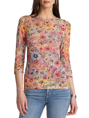 Three-Quarter Printed Mesh Top