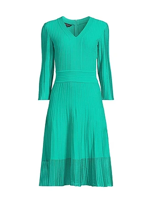 Pleated Knit V-Neck Midi-Dress