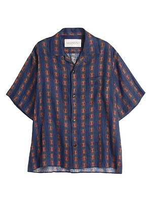 Linen Bowling Shirt with Voyage Imaginaire Print