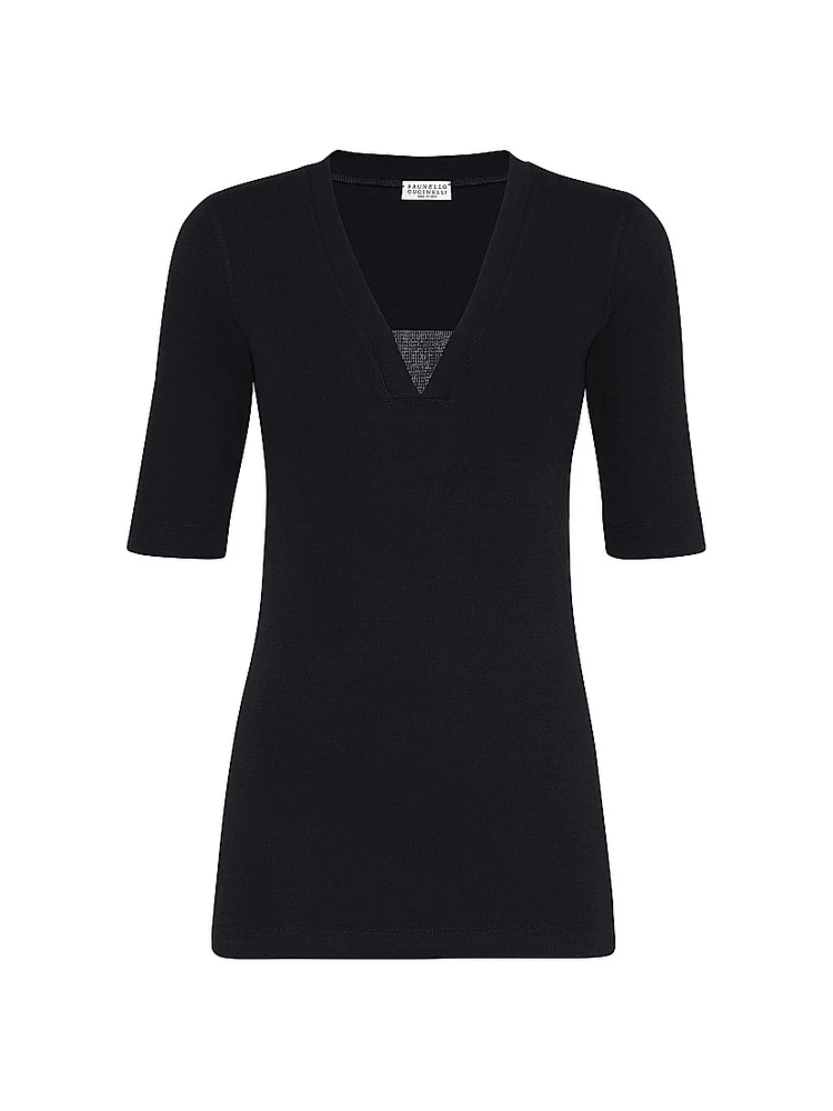 Stretch Cotton Ribbed Jersey T-Shirt with Precious Insert