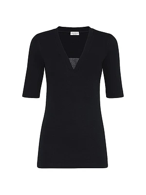 Stretch Cotton Ribbed Jersey T-Shirt with Precious Insert