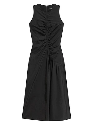 Asymmetrical Ruched Soft Lawn Midi-Dress