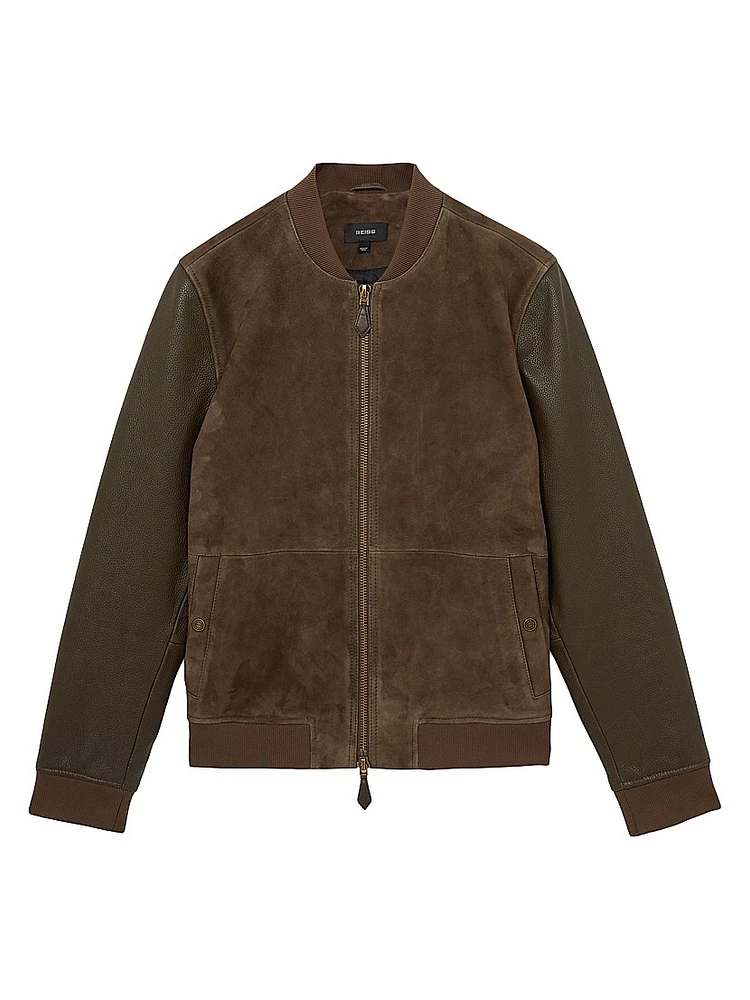Block Leather-Suede Zip-Up Bomber Jacket
