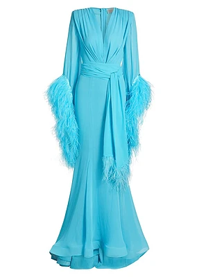Geisha Plunge Feather-Cuff Gown