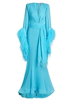 Geisha Plunge Feather-Cuff Gown