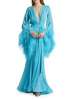 Geisha Plunge Feather-Cuff Gown