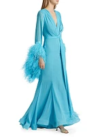 Geisha Plunge Feather-Cuff Gown