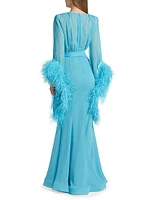 Geisha Plunge Feather-Cuff Gown