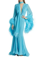 Geisha Plunge Feather-Cuff Gown