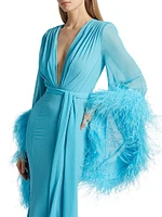 Geisha Plunge Feather-Cuff Gown