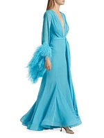 Geisha Plunge Feather-Cuff Gown