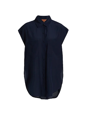 Reiki Silk Oversized Cap-Sleeve Button-Front Shirt