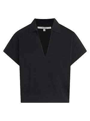Silk Draped Collared Short-Sleeve Sweater