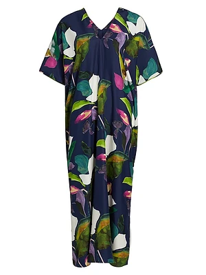 Daido Botanical-Printed Charmeuse V-Neck Caftan