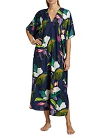Daido Botanical-Printed Charmeuse V-Neck Caftan