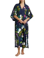Daido Botanical-Printed Charmeuse V-Neck Caftan
