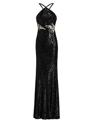Sequined Floral Appliqué Halter Gown