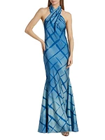 Corinne Printed Satin Halter Gown