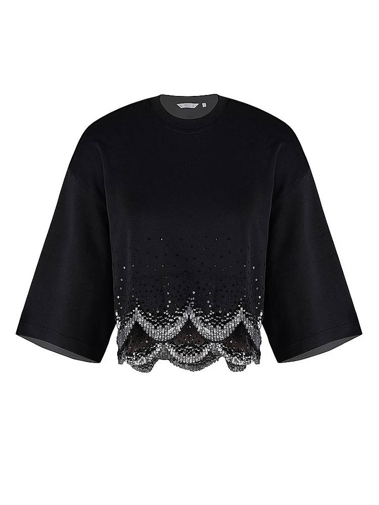 Cotton Scalloped Sequined-Hem Top