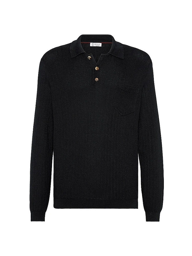 Cotton Honeycomb Stitch Knit Polo Sweater