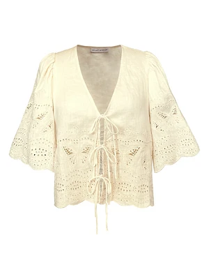 Chelsea Floria Butterfly-Embroidered Linen Top