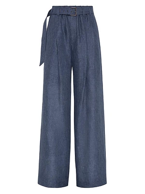 Denim Effect Linen Explorer Trousers with Monili